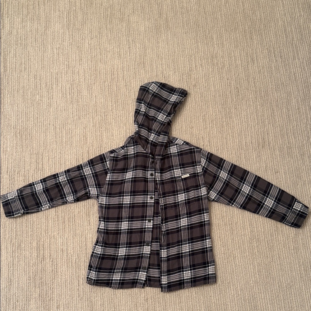 Zara Black and White Plaid Hooded Button-Down Shirt